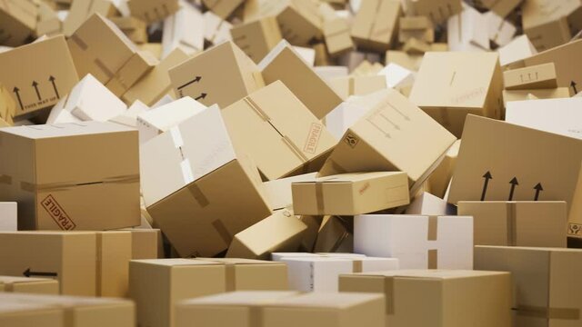 Huge pile cardboard delivery boxes. Stack of brown carton boxes. Parcels.