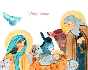 Hand drawn watercolor illustration Christian Nativity scene. Virgin Mary, Jesus Christ, Joseph, animals. For Merry Christmas greeting cards, Christian publications, prints