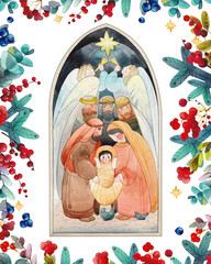 Christian Christmas illustration "Nativity scene": Mary, Joseph, baby Jesus Christ in a manger, three wise men, angels and the star of Bethlehem in a floral frame. For Christmas greetings