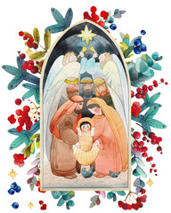 Christian Christmas illustration "Nativity scene": Mary, Joseph, baby Jesus Christ in a manger, angels and the star of Bethlehem in a floral frame. For Christmas greetings