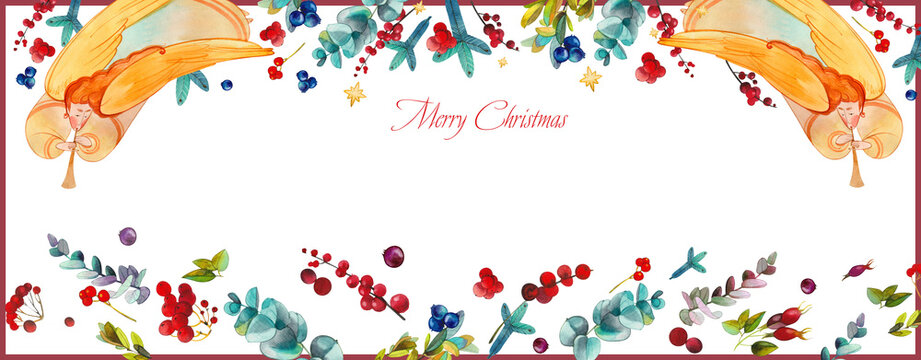 Christmas flower banner with angels and winter flowers, eucalyptus twigs, fir branches, Christmas trees, evergreens, berries and fruits. For the design of Christmas packaging, publications, labels