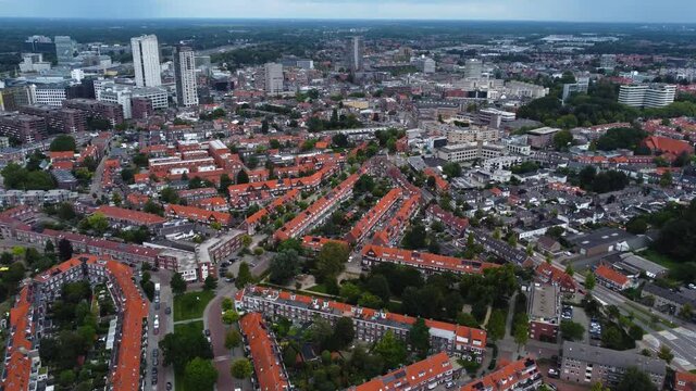 Aerial view with of Eindhoven in netherlands  on a sunny and windy morning day