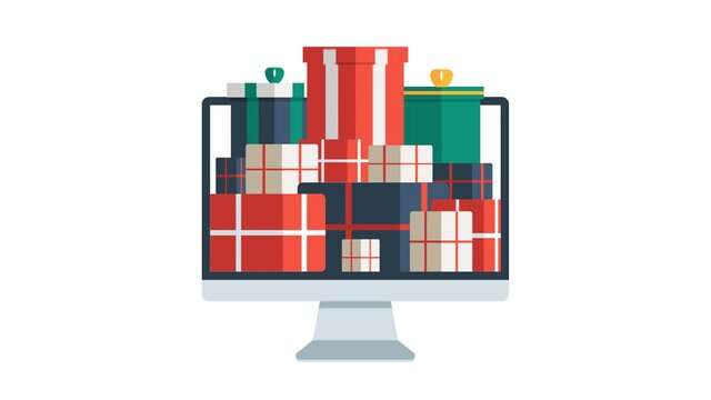 Christmas online shopping animation. Flat cartoon flat illustration with laptop, computer screen with gift box. winter holidays sales. Christmas due coronavirus 4k alpha channel video.