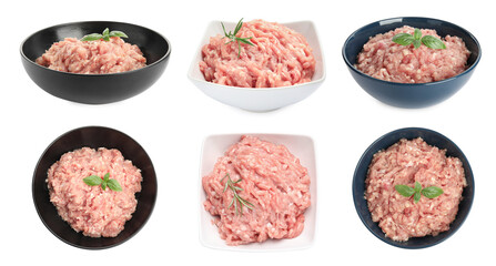 Set with fresh raw chicken minced meat on white background