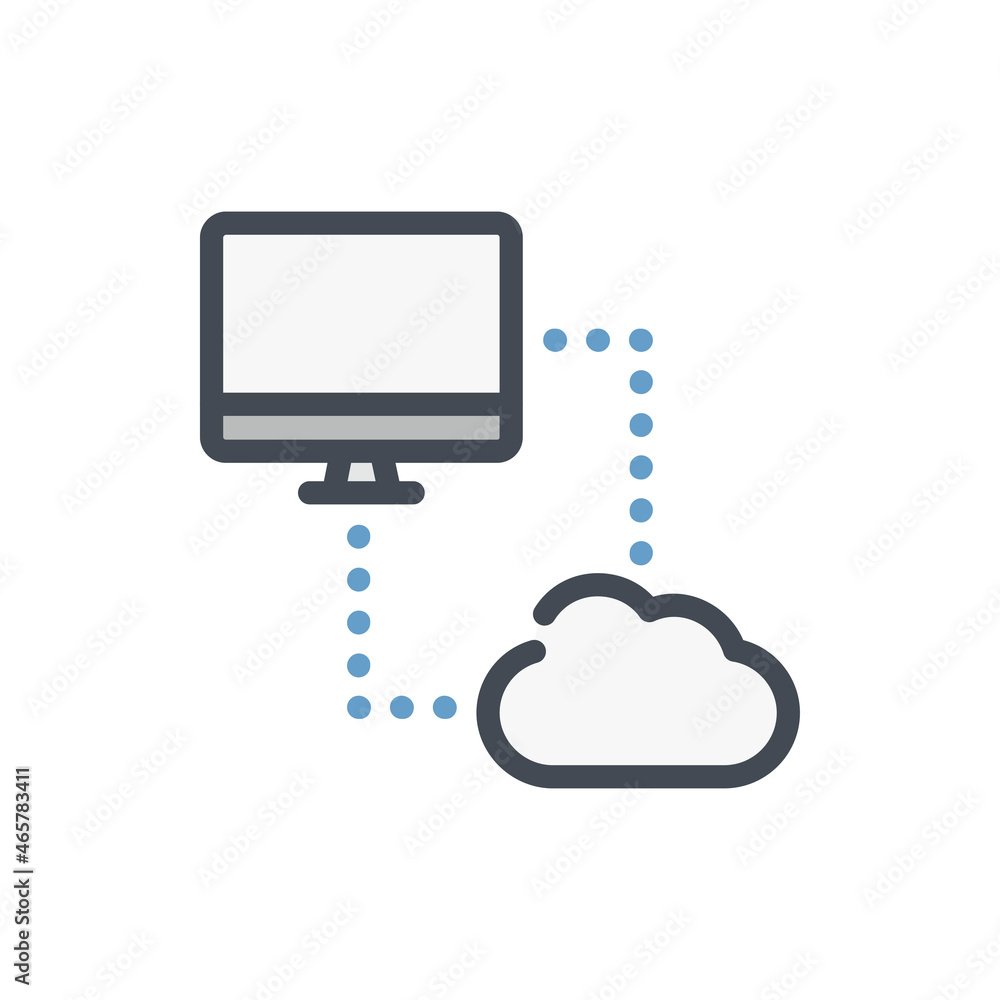 Poster computer with connection to cloud service color line icon. online network data transfer and connecti