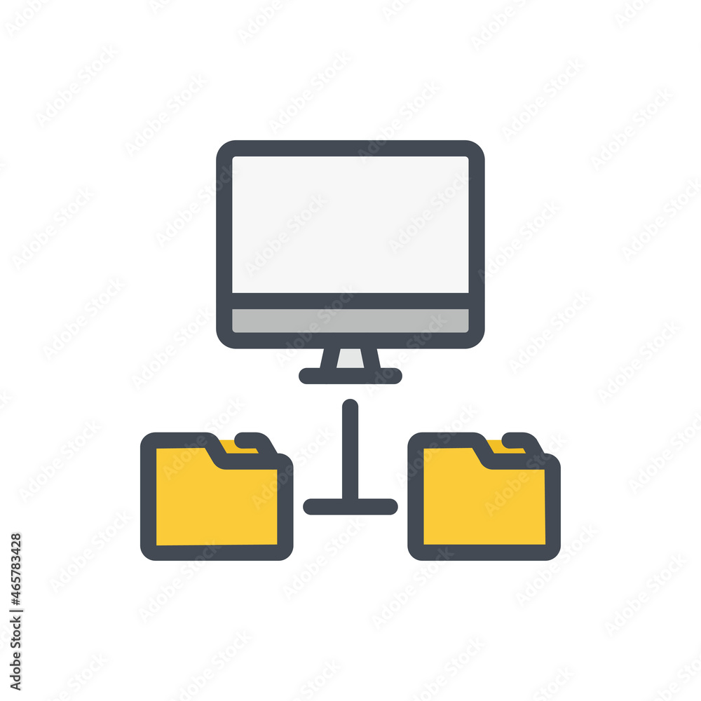Fototapete Computer with connection to folders color line icon. File management network vector outline colorful sign.