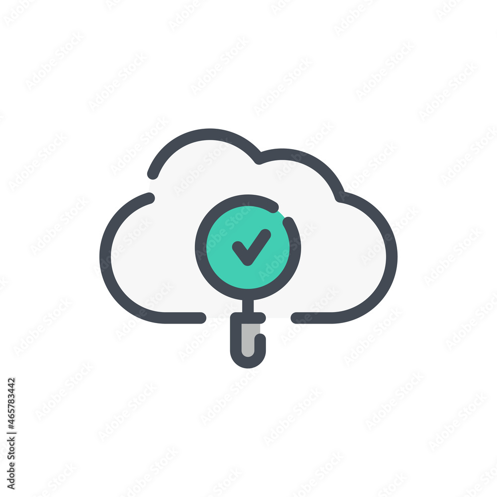 Poster cloud service with magnifier and check mark color line icon. online storage research vector outline 