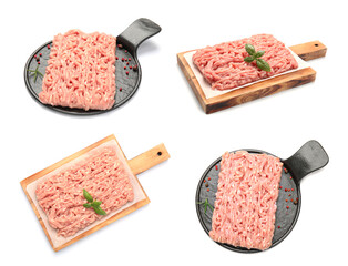 Set with fresh raw chicken minced meat on white background