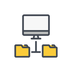 Computer with connection to folders color line icon. File management network vector outline colorful sign.