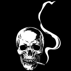 Realistic vector black and white illustration of a skull smoking a cigarette