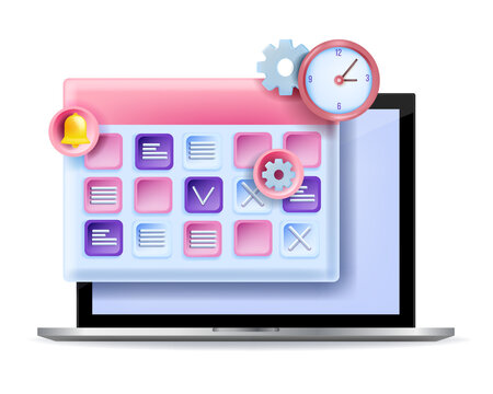 3D calendar schedule planning concept, vector online event agenda illustration, laptop screen, clock. Web education daily work project management, office routine process timetable. 3D calendar icon