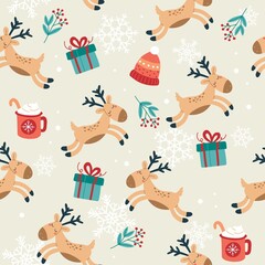 Christmas pattern with cute reindeer, gifts and cups. Festive background with hand drawn elements, vector illustration