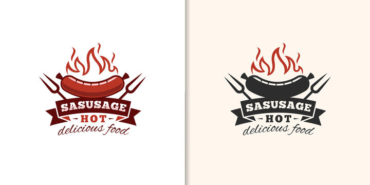 vintage retro Sausage hot grilled logo, bbq, barbecue classic logo with black version