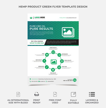hemp product flyer template design with two image placement, green gradient used in template. fully editable, professional design. eps 10 version vector a4 size