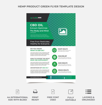 hemp product flyer template design with an image placement, green gradient used in the template. fully editable, professional design. eps 10 version vector a4 size