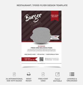food flyer template design, one burger image can placed in the center, vector a4 size eps 10 version. red and grey color template, restaurant flyer professional