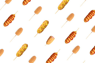 Delicious deep fried corn dogs on white background, collage
