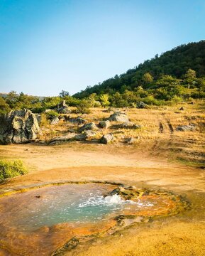 Natural hot springs in Jermuk mountains outdoors. Hidden gems sightseeing Armenia.