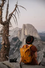 Papier Peint photo Half Dome girl overlooking half dome in Yosemite national park