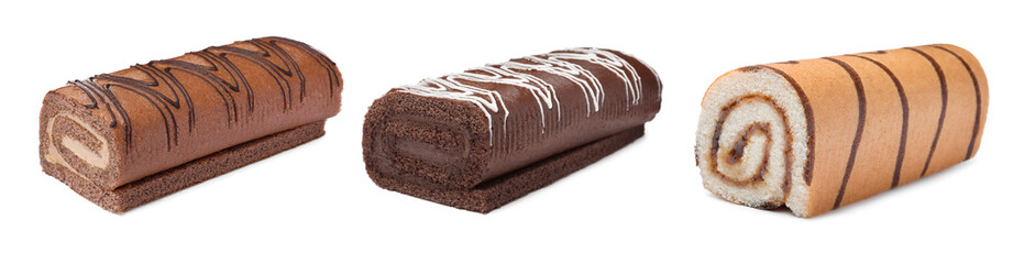 Set with different tasty cake rolls on white background. Banner design