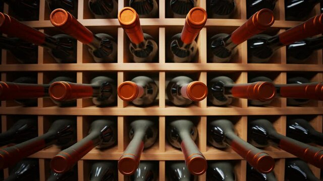 Looping animation of wine bottles ordered on wooden shelves in dark wine-cellar.