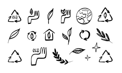Ecological, natural production, construction, reusable energy line art icons set. Hands holding leaves, recycle symbols.