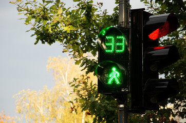 Two traffic lights with red and green timer. Countdown seconds on pedestrian traffic light....