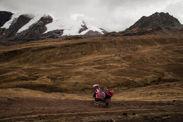 colorful cultural women walking across the andes in Peru 