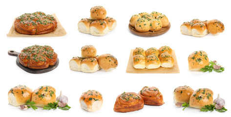 Traditional Ukrainian buns (Pampushky) on white background, collage