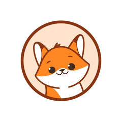 Fox head logo, cute kind character. Vector illustration in cartoon style.