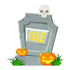 Tombstone with pumpkins, skull and the inscription SALE, vector graphics in cartoon style.