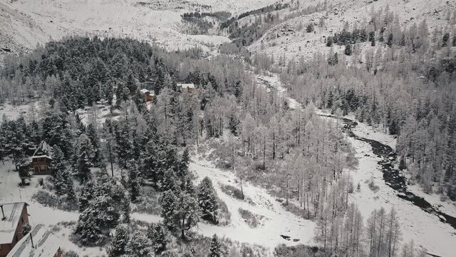 A huge Belukha Mountain, the valley of the Aktru River, the Altai Mountains, the foot of glaciers, a small village and treetops. Winter forest, frozen mountain river in the valley of the Chuya and