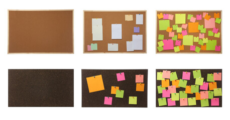 Cork boards with notes on white background, collage. Banner design