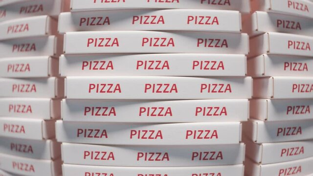 A huge pile of cardboard pizza boxes. Stack of cartons. Fast food packaging.
