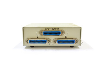 Parallel port printer switch on white background, isolated, technology history.