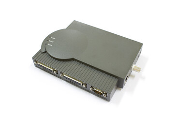 Printer server parallel port on white background, isolated, technology history.