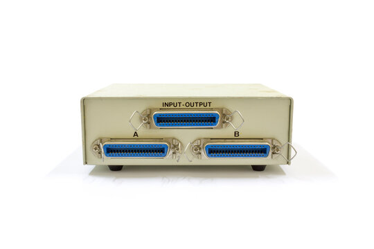 Parallel port printer switch on white background, isolated, technology history.