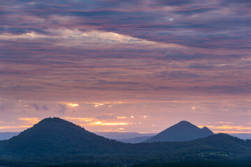 Glass House Mountains, Sunshine coast, Queensland, Australia, Mount Beerwah, Mount Tibrogargan, Mount Coonowrin, Gubbi Gubbi, Jinibara, Kabi Kabi Aborigine Sacred place Bora Ring