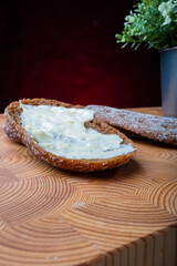 Traditional Finnish cuisine: Authentic pieces of rye bread with butter topping.