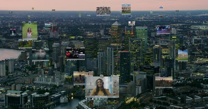 Connected aerial city with several interfaces. Futuristic concept. Augmented reality over London. Social media over England.