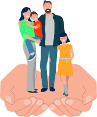 Naklejka na ściany i meble illustration vectorielle représentant une famille sereine, heureuse et souriante portée par deux grandes mains qui symbolisent la protection et l'aide sociale