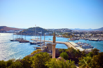 Fototapeta premium View of Aegean sea, traditional white houses marina from Bodrum Castle, Turkey