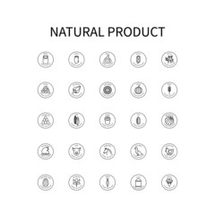Simple Set Of Vector Icons On Theme Natural Products. Milk, Garlic, Meat, Lentils, Sunflower, Pumpkin, Corn, Potatoes, Flour, Carrots, Eggs, Seeds and others are depicted. Vector sign in a simple