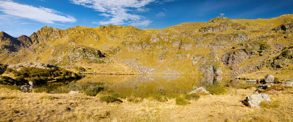 Panoramic view of Lake Creussans halfway up to the solar viewpoint of Trtiana, Arcalis, Ordino, Andorra