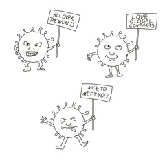 Different Coronavirus COVID-19 characters. Vector caricatures.