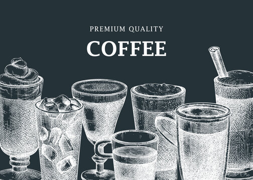 Hand-sketched coffee banner design on chalkboard. Vector sketches of mugs with aromatic caffeine drinks. Vector beverages background for café, cafeteria, restaurant menu