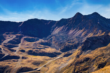 View of the mountains that surround the Arcalis ski slopes from the top of the ridge going up to the solar viewpoint of Trtiana. Arcalis, Ordino, Andorra.