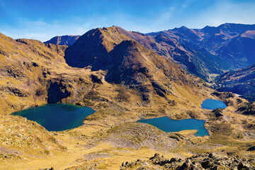 Aerial view of the three Tristiana lakes from the Solar de Tristaina viewpoint, Arcalis, Andorra - obrazy, fototapety, plakaty