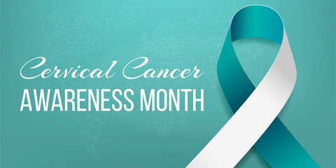 Cervical cancer awareness month banner with teal and white ribbon awareness and text. Vector illustration.