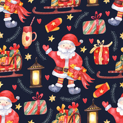 Seamless pattern with Christmas decorations,  Santa,  sleigh with presents on dark navy blue background. Hand painted watercolor illustration. Great for fabrics, wrapping paper, greeting cards.